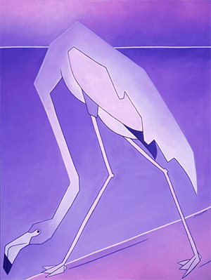 A painting of a purple flamingo