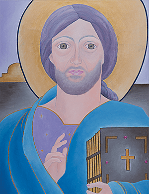 A painting of Jesus holding a bible