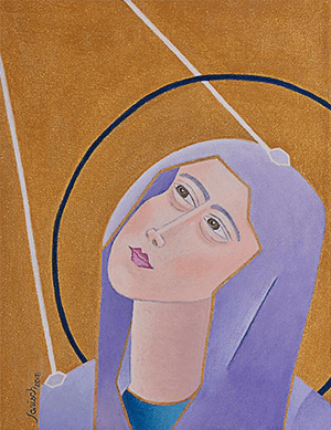 A painting of a woman wearing a purple outfit